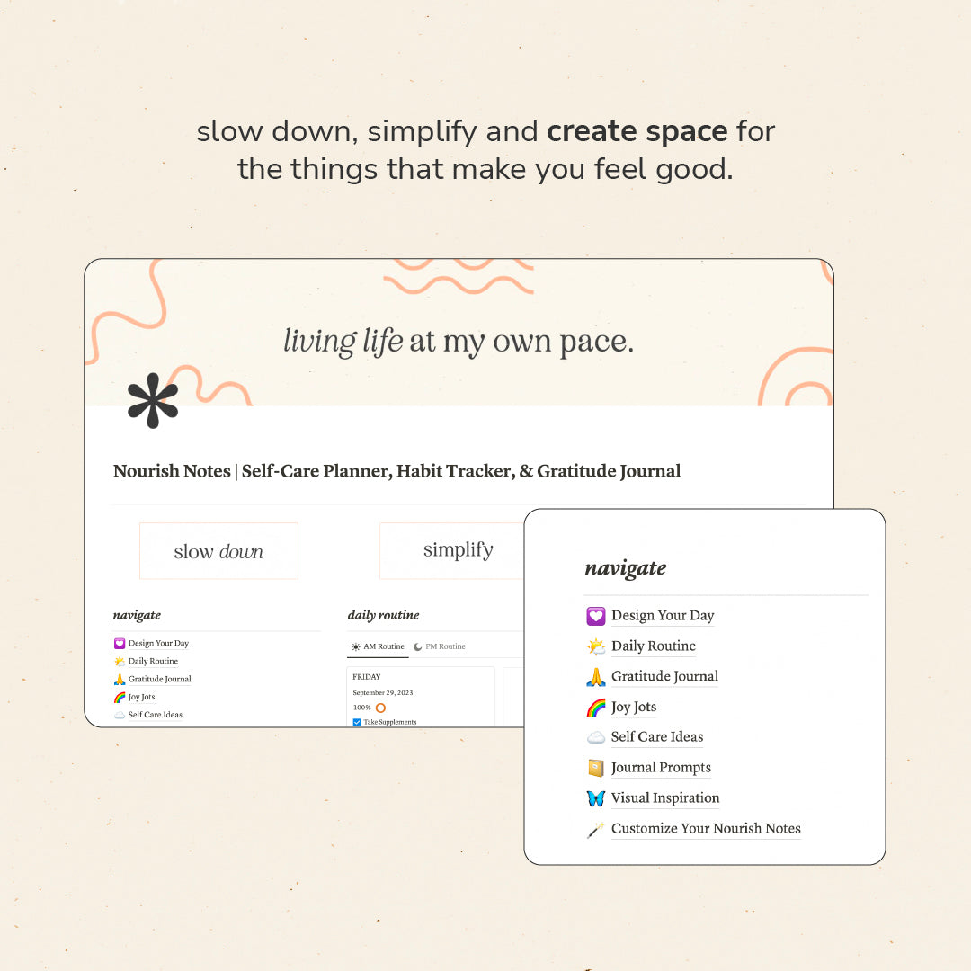 Nourish Notes | Self-Care Planner, Habit Tracker, & Gratitude Journal (Notion Template)