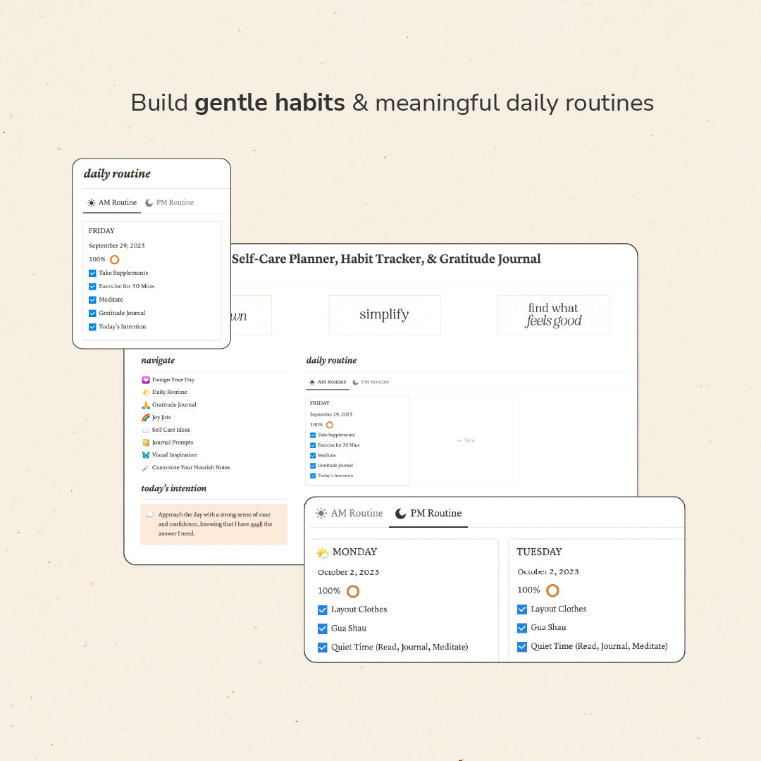 Nourish Notes | Self-Care Planner, Habit Tracker, & Gratitude Journal (Notion Template)